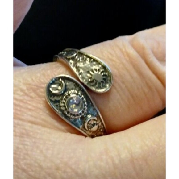 Adjustable Antique Silver Sun Moon Stone Spoon Ring Celestial - Picture 3 of 6